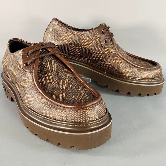 Size 10 Ranger Derby Brown Coated Canvas Chunky Sole Moccasin Lace-Up Shoes - Picture 1 of 10